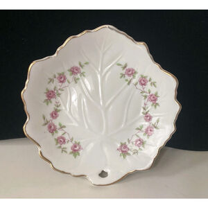 Porcelain Leaf Shaped Collectors Dish Plate Gold Trim Floral Roses Japan Vintage